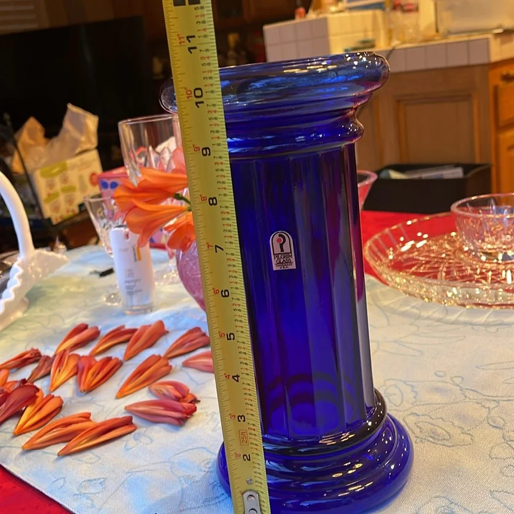 Vintage cobalt blue Pilgrim Art Glass column,1980s vase or decorative pedestal